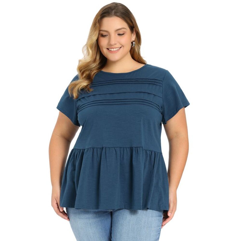 Women Plus Size Crew Neck Pleated Front Babydoll Blouse Dark Blue